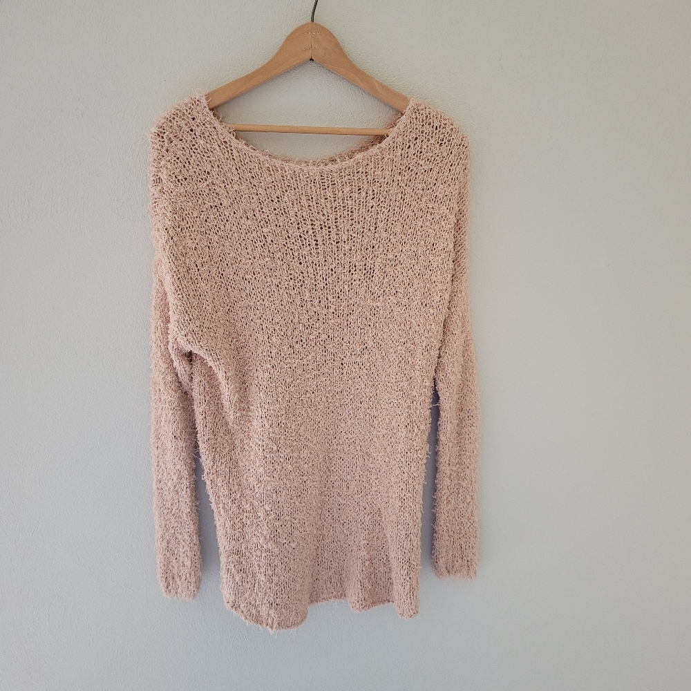 Vince Tan Peach Eyelash Shaggy Open Knit Sweater Size M Boat Neck Long Sleeves - Picture 6 of 9
